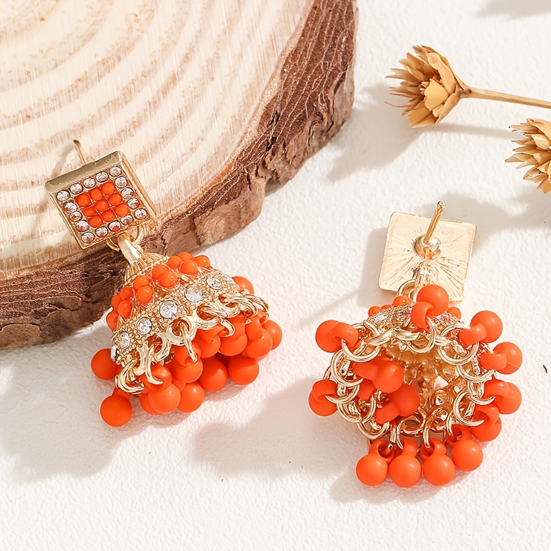 Stylish Jhumka Earrings with Square Designs and Rhinestones